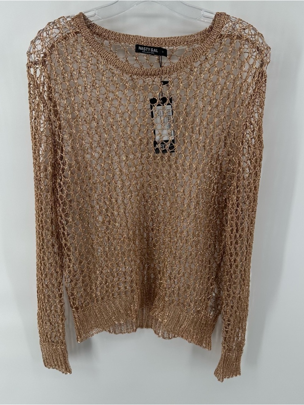 NWT NastyGal Metallic Open Knit Crochet Overlay Sweater festival Jumper Gold M